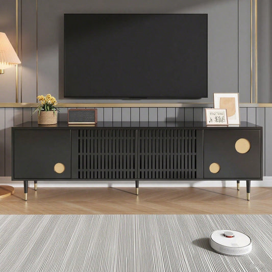 TV-Schrank, TV-Möbel mit Gitterstruktur, versteckten Griffen, Golddekor. Wohnzimmermöbel. Zwei Türen aus Massivholz