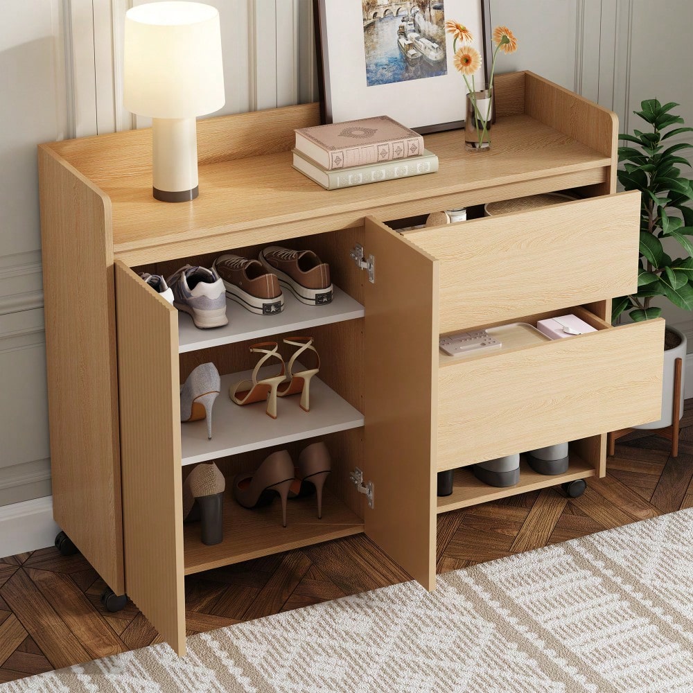 Schuhschrank, beweglicher Schuhschrank, Universalrad mit Bremse. Oberer Bogen, verstellbare Regale, Dämpfungsscharnier