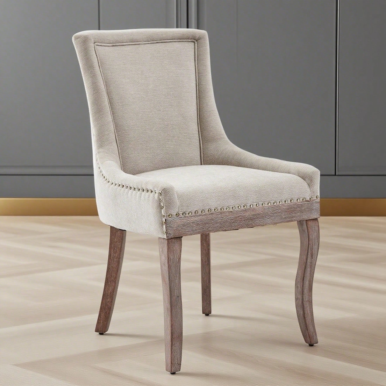 A&A Furniture,Ultra Side Dining Chair,Thickened fabric chairs with neutrally toned solid wood legs,Bronze nail head,Set of 2,Beige,DE1807BG