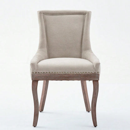 A&A Furniture,Ultra Side Dining Chair,Thickened fabric chairs with neutrally toned solid wood legs,Bronze nail head,Set of 2,Beige,DE1807BG