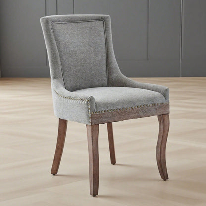 A&A Furniture,Ultra Side Dining Chair,Thickened fabric chairs with neutrally toned solid wood legs,Bronze nail head,Set of 2,Gray,DE1807GY