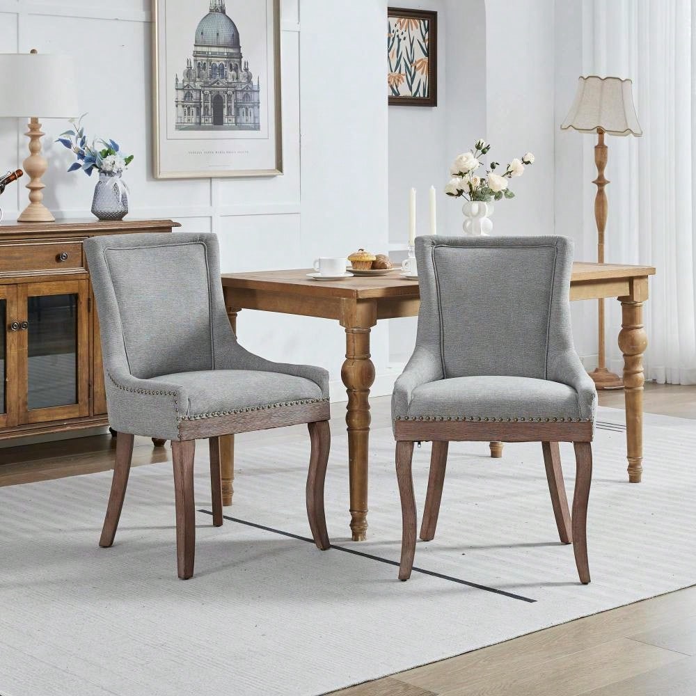 A&A Furniture,Ultra Side Dining Chair,Thickened fabric chairs with neutrally toned solid wood legs,Bronze nail head,Set of 2,Gray,DE1807GY