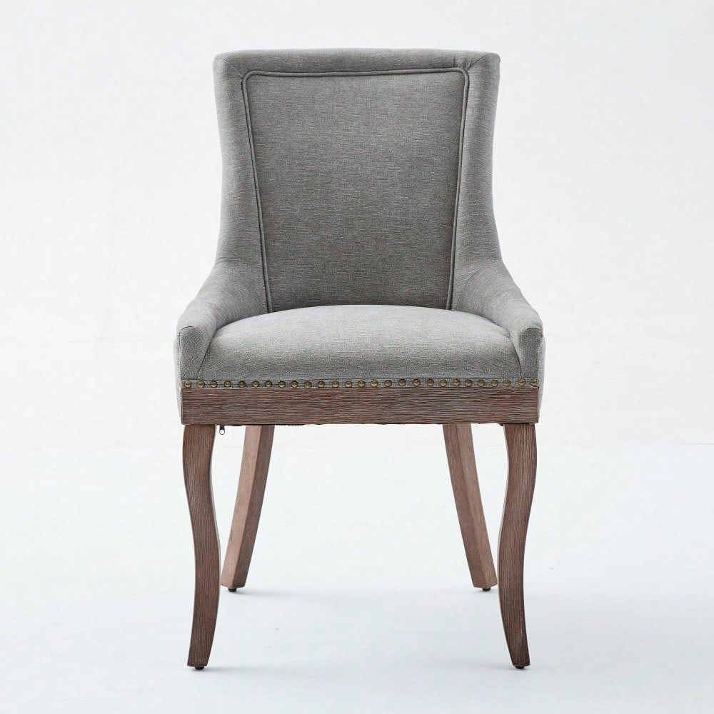 A&A Furniture,Ultra Side Dining Chair,Thickened fabric chairs with neutrally toned solid wood legs,Bronze nail head,Set of 2,Gray,DE1807GY