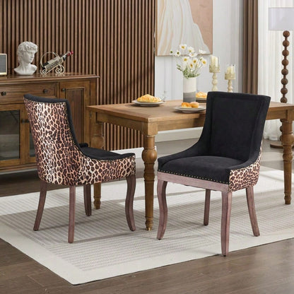A&A Furniture,Ultra Side Dining Chair, Thickened fabric chairs with neutrally toned solid wood legs, Bronze nail head, Set of 2,Leopard Print,DE1807LP
