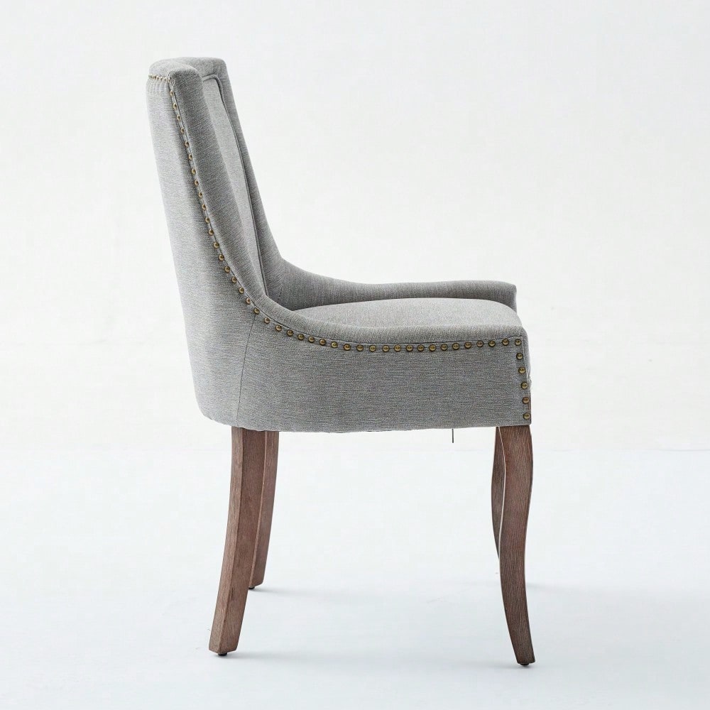 A&A Furniture,Ultra Side Dining Chair,Thickened fabric chairs with neutrally toned solid wood legs,Bronze nail head,Set of 2,Gray,DE1807GY