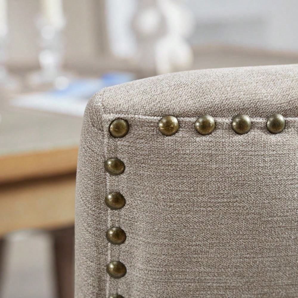 A&A Furniture,Ultra Side Dining Chair,Thickened fabric chairs with neutrally toned solid wood legs,Bronze nail head,Set of 2,Beige,DE1807BG