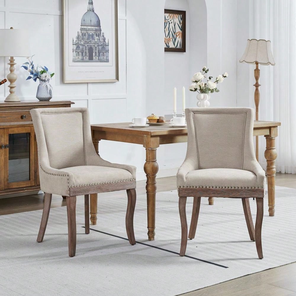 A&A Furniture,Ultra Side Dining Chair,Thickened fabric chairs with neutrally toned solid wood legs,Bronze nail head,Set of 2,Beige,DE1807BG