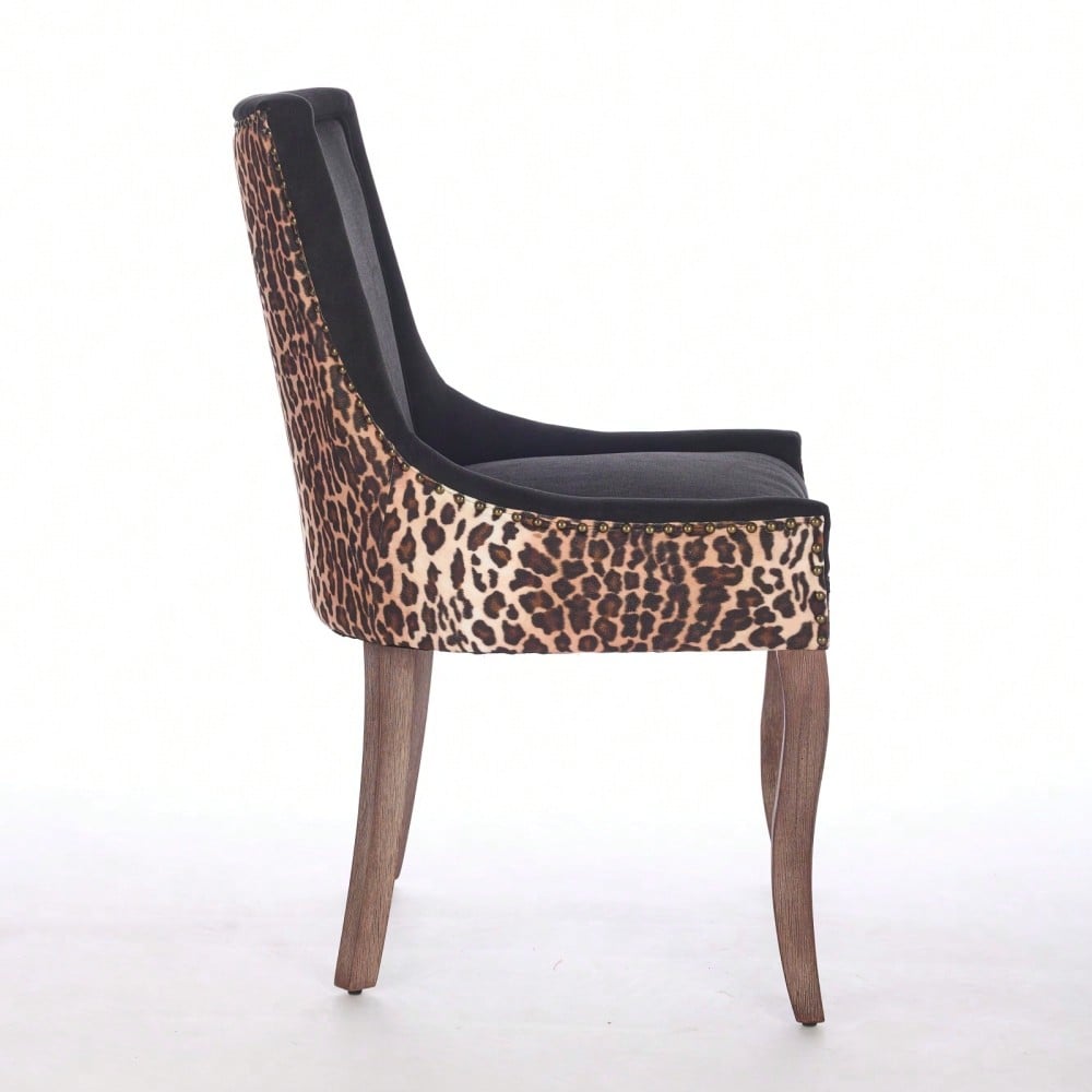 A&A Furniture,Ultra Side Dining Chair, Thickened fabric chairs with neutrally toned solid wood legs, Bronze nail head, Set of 2,Leopard Print,DE1807LP
