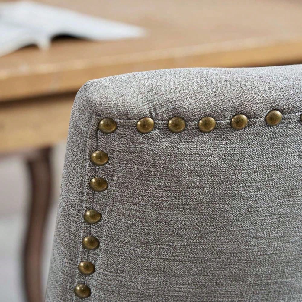 A&A Furniture,Ultra Side Dining Chair,Thickened fabric chairs with neutrally toned solid wood legs,Bronze nail head,Set of 2,Gray,DE1807GY