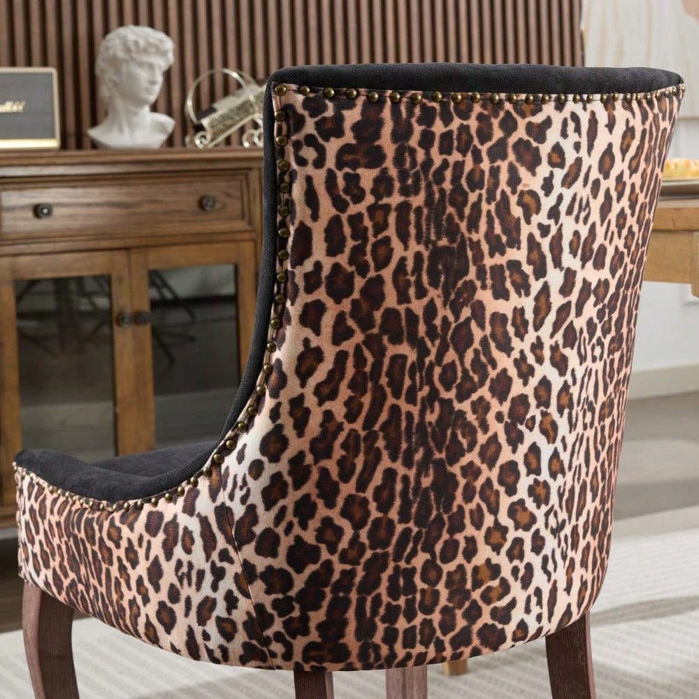 A&A Furniture,Ultra Side Dining Chair, Thickened fabric chairs with neutrally toned solid wood legs, Bronze nail head, Set of 2,Leopard Print,DE1807LP