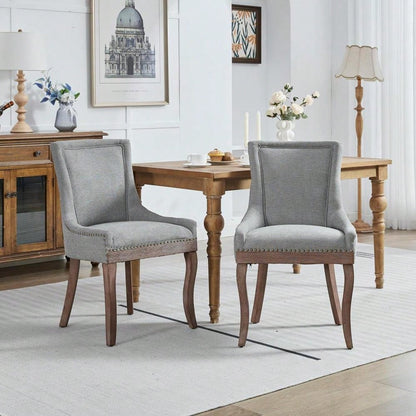 A&A Furniture,Ultra Side Dining Chair,Thickened fabric chairs with neutrally toned solid wood legs,Bronze nail head,Set of 2,Gray,DE1807GY