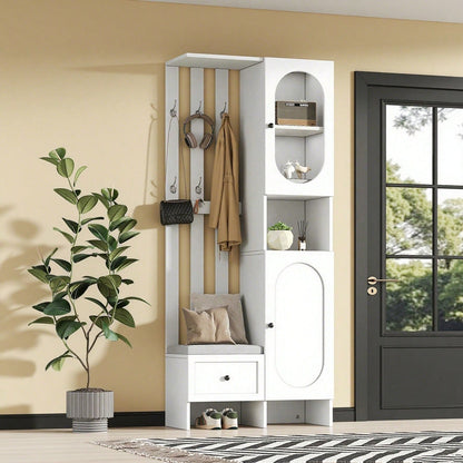 85*33.5*200cm Kompaktgarderoben,Startseite Möbel Mit 2 Schränken,Aufbewahrungsschrank aus gehärtetem Glas, Garderoben-Set Weißer Eingangsschrank, Garderobenständer mit Schuhbank und Polster