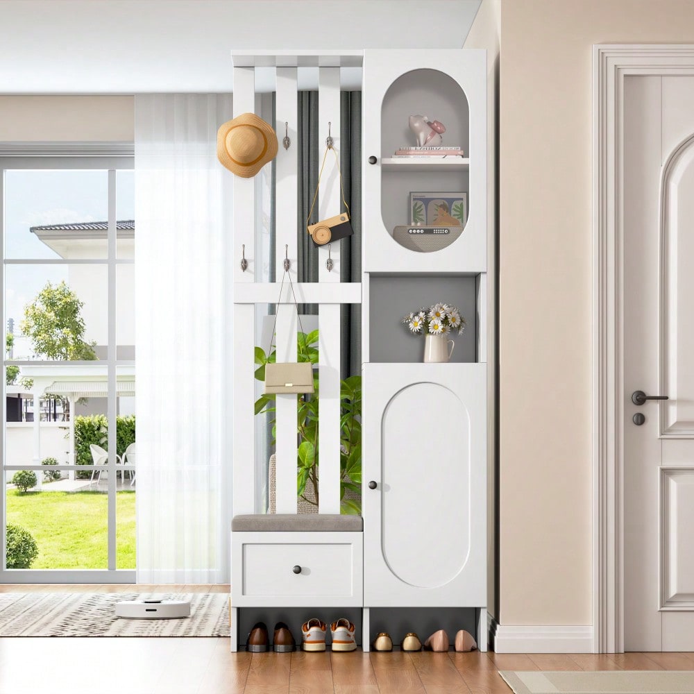 85*33.5*200cm Kompaktgarderoben,Startseite Möbel Mit 2 Schränken,Aufbewahrungsschrank aus gehärtetem Glas, Garderoben-Set Weißer Eingangsschrank, Garderobenständer mit Schuhbank und Polster