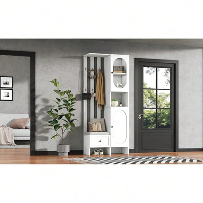 85*33.5*200cm Kompaktgarderoben,Startseite Möbel Mit 2 Schränken,Aufbewahrungsschrank aus gehärtetem Glas, Garderoben-Set Weißer Eingangsschrank, Garderobenständer mit Schuhbank und Polster