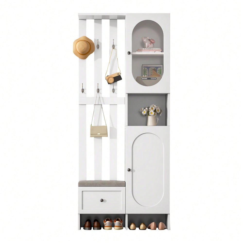 85*33.5*200cm Kompaktgarderoben,Startseite Möbel Mit 2 Schränken,Aufbewahrungsschrank aus gehärtetem Glas, Garderoben-Set Weißer Eingangsschrank, Garderobenständer mit Schuhbank und Polster