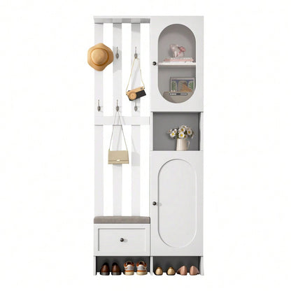 85*33.5*200cm Kompaktgarderoben,Startseite Möbel Mit 2 Schränken,Aufbewahrungsschrank aus gehärtetem Glas, Garderoben-Set Weißer Eingangsschrank, Garderobenständer mit Schuhbank und Polster