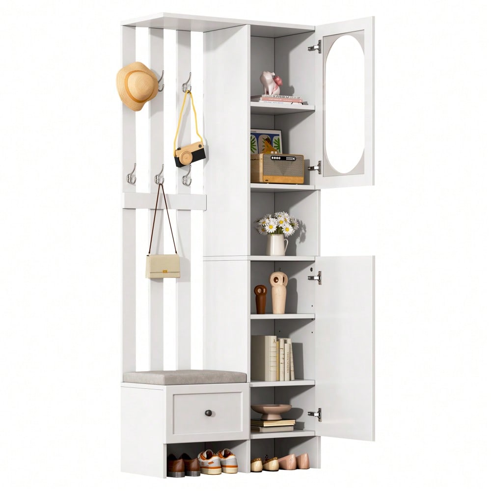 85*33.5*200cm Kompaktgarderoben,Startseite Möbel Mit 2 Schränken,Aufbewahrungsschrank aus gehärtetem Glas, Garderoben-Set Weißer Eingangsschrank, Garderobenständer mit Schuhbank und Polster