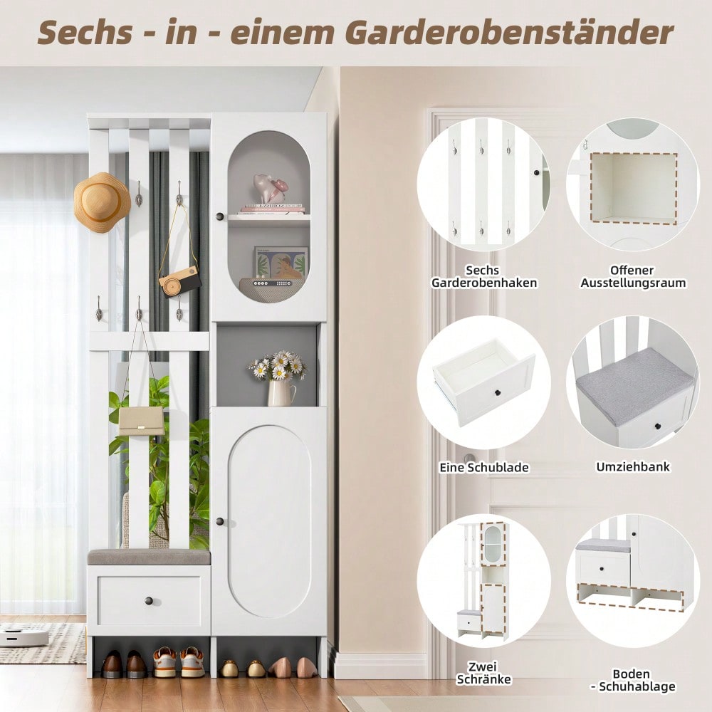 85*33.5*200cm Kompaktgarderoben,Startseite Möbel Mit 2 Schränken,Aufbewahrungsschrank aus gehärtetem Glas, Garderoben-Set Weißer Eingangsschrank, Garderobenständer mit Schuhbank und Polster