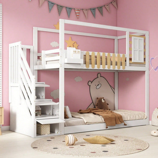 Etagenbett mit Treppe, Fenster und Regalkasten, Rahmen aus massivem Kiefernholz, Kinderbett mit 3 Schließfächer in der Treppe, mit Fallschutzgitter, Weiß, 90x200cm