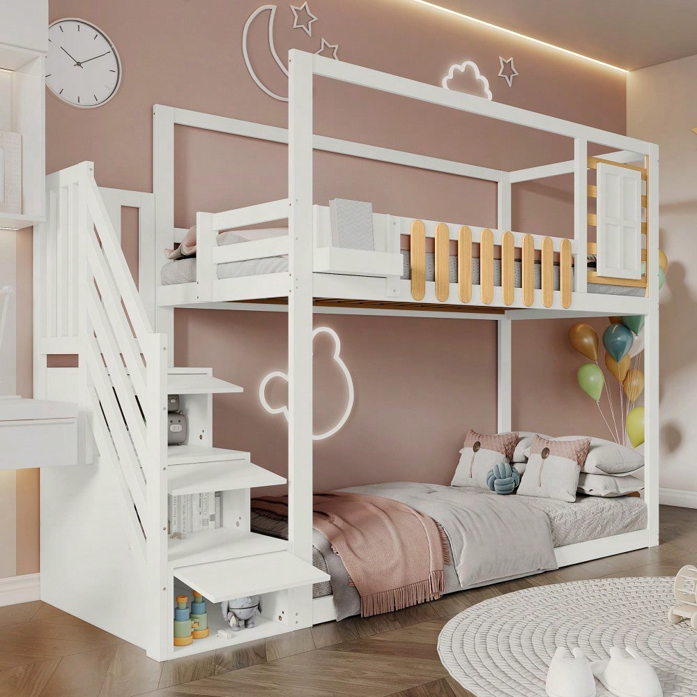 Etagenbett mit Treppe, Fenster und Regalkasten, Rahmen aus massivem Kiefernholz, Kinderbett mit 3 Schließfächer in der Treppe, mit Fallschutzgitter, Weiß, 90x200cm