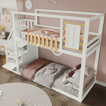 Etagenbett mit Treppe, Fenster und Regalkasten, Rahmen aus massivem Kiefernholz, Kinderbett mit 3 Schließfächer in der Treppe, mit Fallschutzgitter, Weiß, 90x200cm