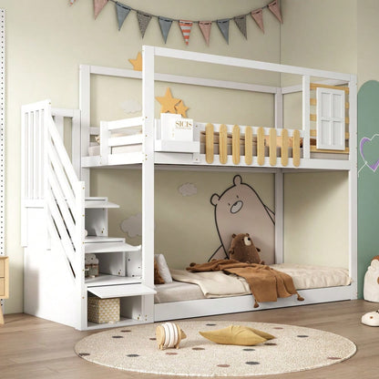 Etagenbett mit Treppe, Fenster und Regalkasten, Rahmen aus massivem Kiefernholz, Kinderbett mit 3 Schließfächer in der Treppe, mit Fallschutzgitter, Weiß, 90x200cm