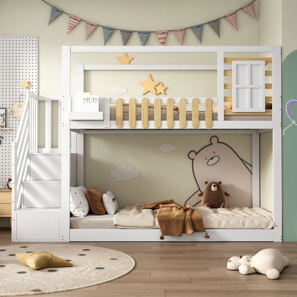 Etagenbett mit Treppe, Fenster und Regalkasten, Rahmen aus massivem Kiefernholz, Kinderbett mit 3 Schließfächer in der Treppe, mit Fallschutzgitter, Weiß, 90x200cm