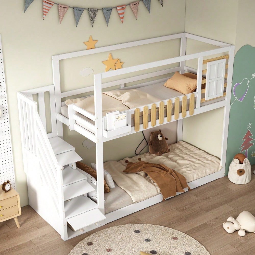 Etagenbett mit Treppe, Fenster und Regalkasten, Rahmen aus massivem Kiefernholz, Kinderbett mit 3 Schließfächer in der Treppe, mit Fallschutzgitter, Weiß, 90x200cm