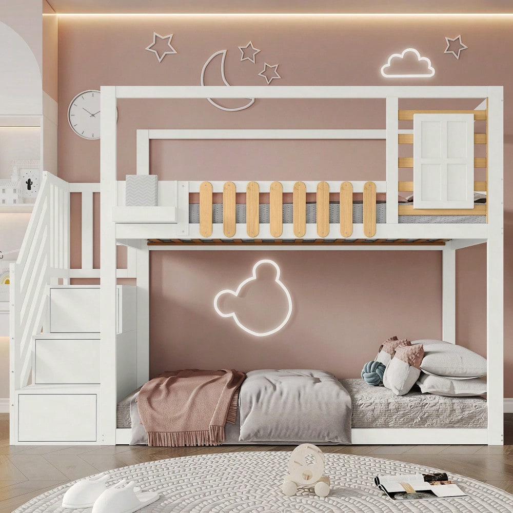 Etagenbett mit Treppe, Fenster und Regalkasten, Rahmen aus massivem Kiefernholz, Kinderbett mit 3 Schließfächer in der Treppe, mit Fallschutzgitter, Weiß, 90x200cm