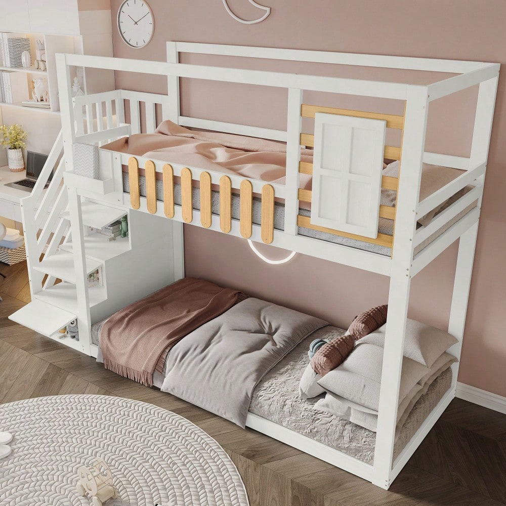 Etagenbett mit Treppe, Fenster und Regalkasten, Rahmen aus massivem Kiefernholz, Kinderbett mit 3 Schließfächer in der Treppe, mit Fallschutzgitter, Weiß, 90x200cm