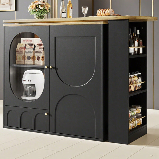 Um 360° drehbarer Bartisch, Stehtisch (Korpus 138 x 39 x 102 cm), Kaffeebarmöbel, drehbare Esstheke mit Stauraum, Kücheninsel, drei Türen mit Türregalen,herausnehmbare Trennwände, weiß / schwarz