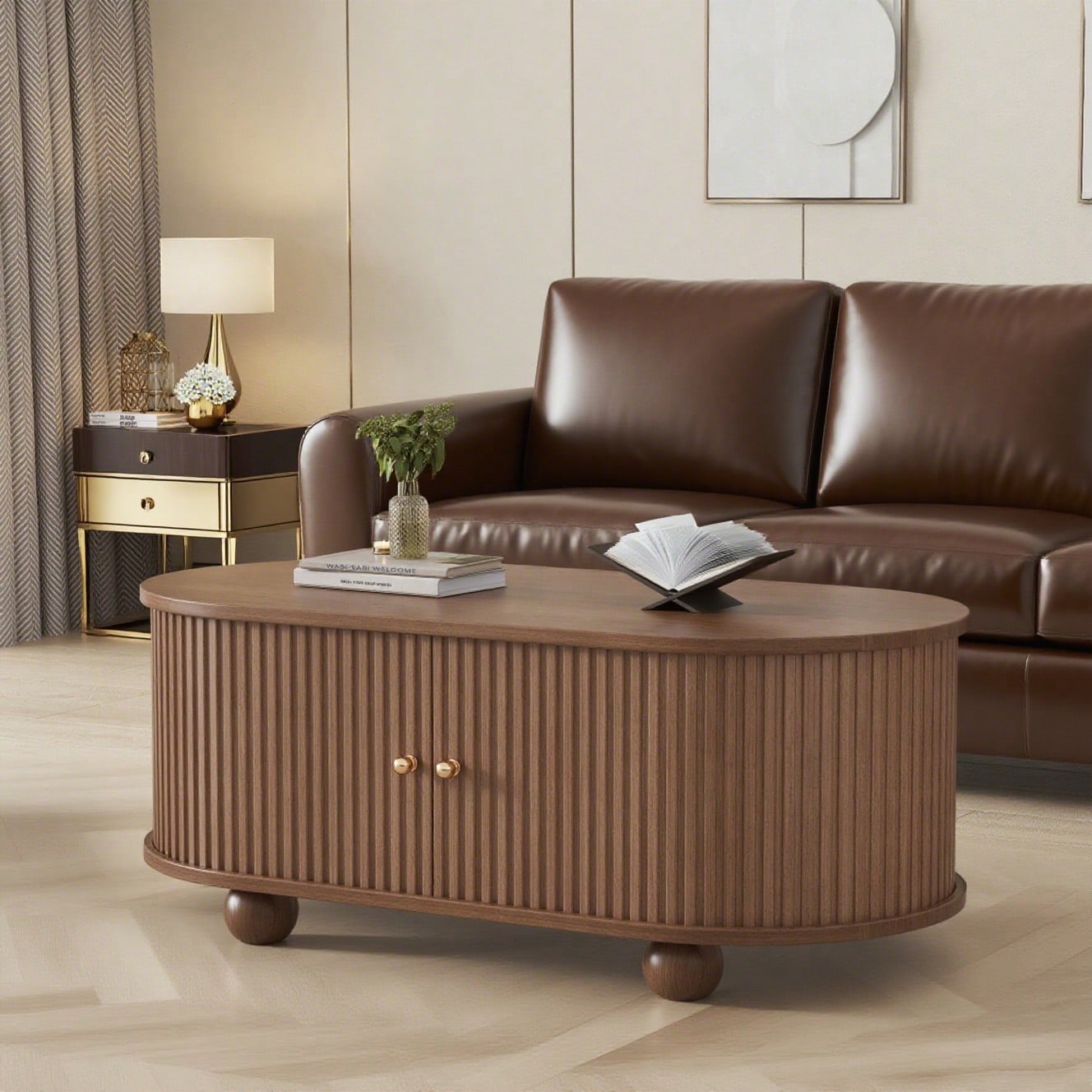 100 * 50 * 40 cm Nussbaum Couchtisch mit Stauraum und Schiebetüren platzsparendes Multifunktionsmöbel in Holzfarben,Sofatisch mit 360 Grad Schiebetür,kaffeetisch mit 4 Beinen