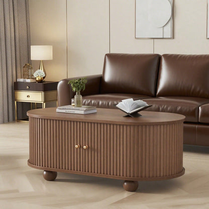 100 * 50 * 40 cm Nussbaum Couchtisch mit Stauraum und Schiebetüren platzsparendes Multifunktionsmöbel in Holzfarben,Sofatisch mit 360 Grad Schiebetür,kaffeetisch mit 4 Beinen