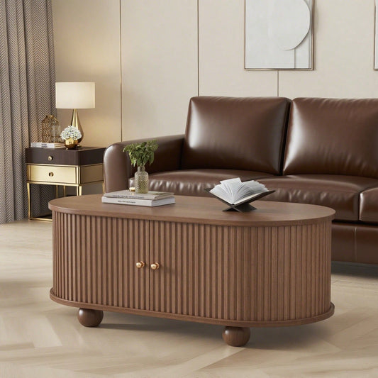 100 * 50 * 40 cm Nussbaum Couchtisch mit Stauraum und Schiebetüren platzsparendes Multifunktionsmöbel in Holzfarben,Sofatisch mit 360 Grad Schiebetür,kaffeetisch mit 4 Beinen
