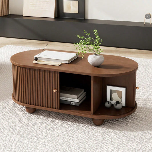 100 * 50 * 40 cm Nussbaum Couchtisch mit Stauraum und Schiebetüren platzsparendes Multifunktionsmöbel in Holzfarben,Sofatisch mit 360 Grad Schiebetür,kaffeetisch mit 4 Beinen