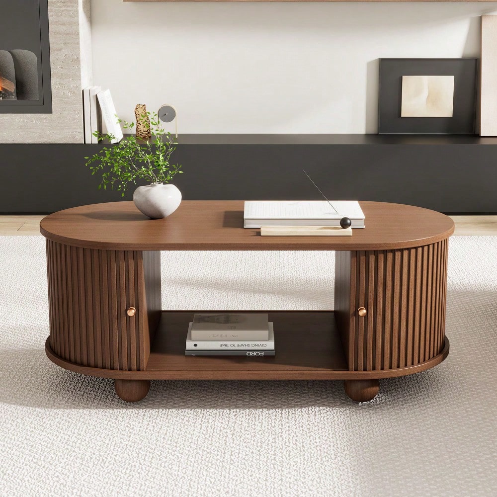 100 * 50 * 40 cm Nussbaum Couchtisch mit Stauraum und Schiebetüren platzsparendes Multifunktionsmöbel in Holzfarben,Sofatisch mit 360 Grad Schiebetür,kaffeetisch mit 4 Beinen