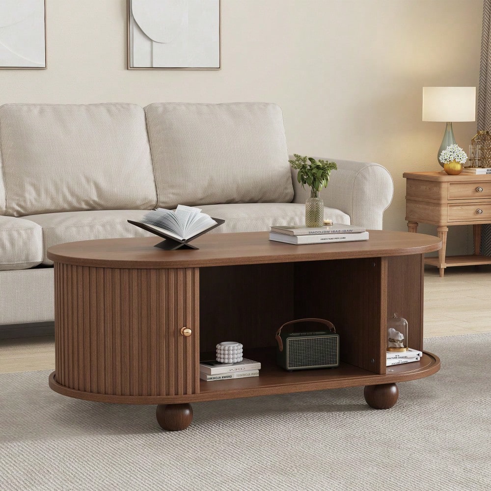 100 * 50 * 40 cm Nussbaum Couchtisch mit Stauraum und Schiebetüren platzsparendes Multifunktionsmöbel in Holzfarben,Sofatisch mit 360 Grad Schiebetür,kaffeetisch mit 4 Beinen