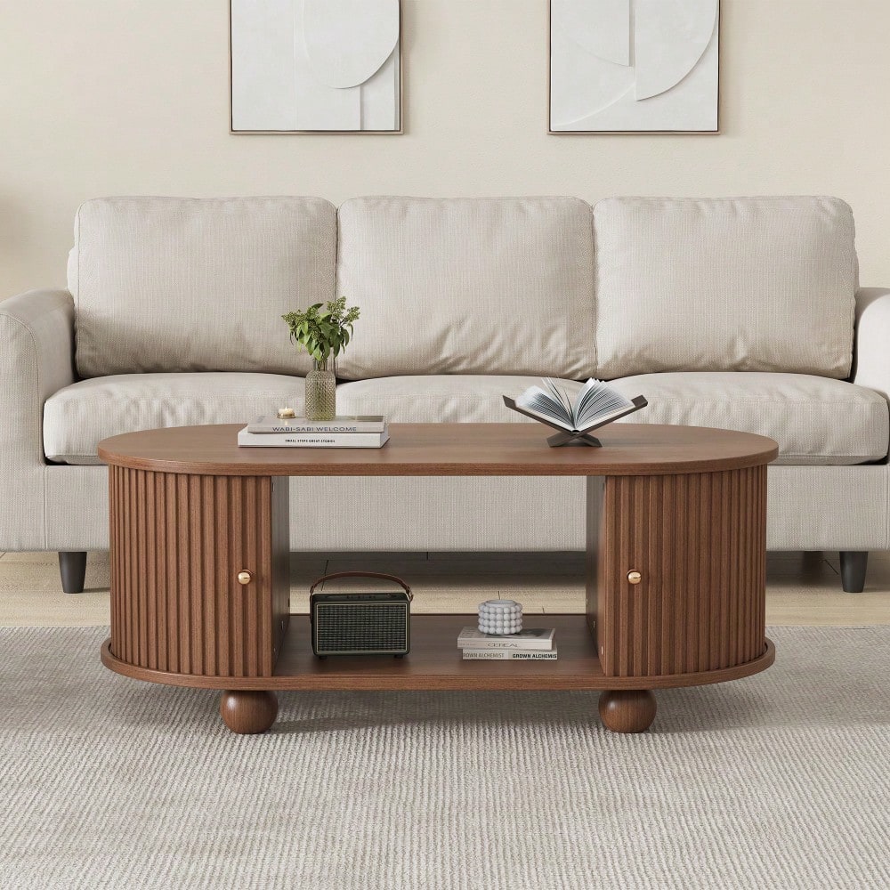 100 * 50 * 40 cm Nussbaum Couchtisch mit Stauraum und Schiebetüren platzsparendes Multifunktionsmöbel in Holzfarben,Sofatisch mit 360 Grad Schiebetür,kaffeetisch mit 4 Beinen