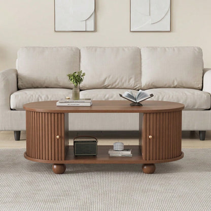 100 * 50 * 40 cm Nussbaum Couchtisch mit Stauraum und Schiebetüren platzsparendes Multifunktionsmöbel in Holzfarben,Sofatisch mit 360 Grad Schiebetür,kaffeetisch mit 4 Beinen