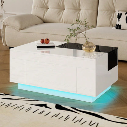Hochglanz-Couchtisch mit LED-Beleuchtung, ausziehbarer schwarz-weißer Tischplatte, verstecktem Stauraum und 16-farbig einstellbarem Lichtband – die ideale Wahl für ein stilvolles Wohnzimmer