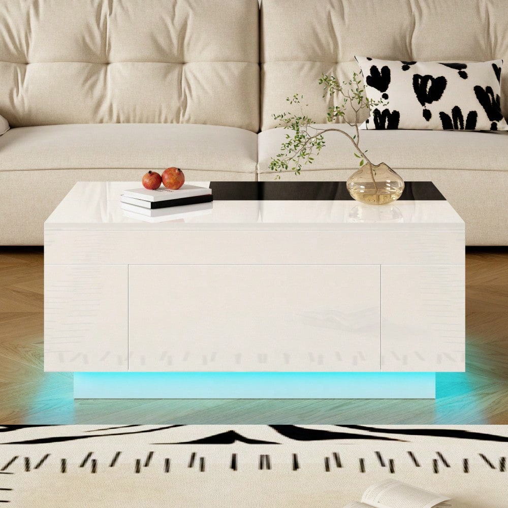 Hochglanz-Couchtisch mit LED-Beleuchtung, ausziehbarer schwarz-weißer Tischplatte, verstecktem Stauraum und 16-farbig einstellbarem Lichtband – die ideale Wahl für ein stilvolles Wohnzimmer