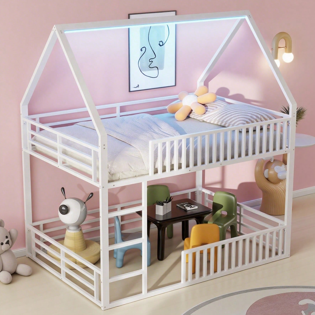 140x200 Haus-Etagenbett mit Zaun und LED-Licht, Weiß