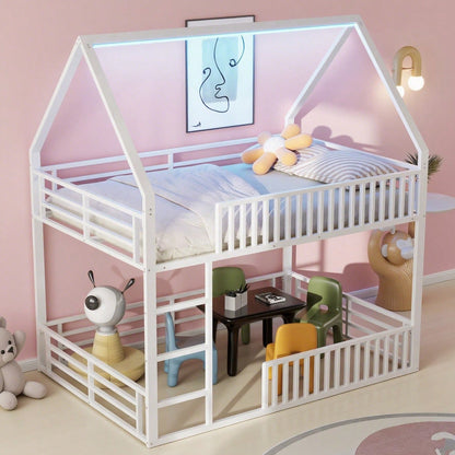 140x200 Haus-Etagenbett mit Zaun und LED-Licht, Weiß