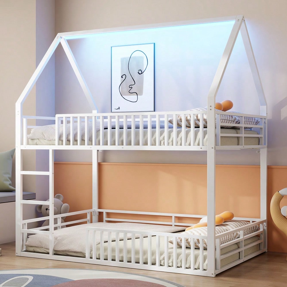 140x200 Haus-Etagenbett mit Zaun und LED-Licht, Weiß
