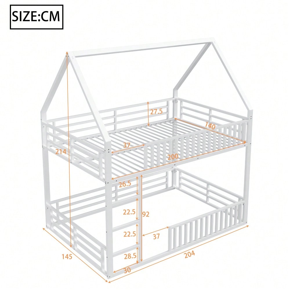 140x200 Haus-Etagenbett mit Zaun und LED-Licht, Weiß