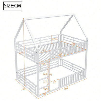 140x200 Haus-Etagenbett mit Zaun und LED-Licht, Weiß