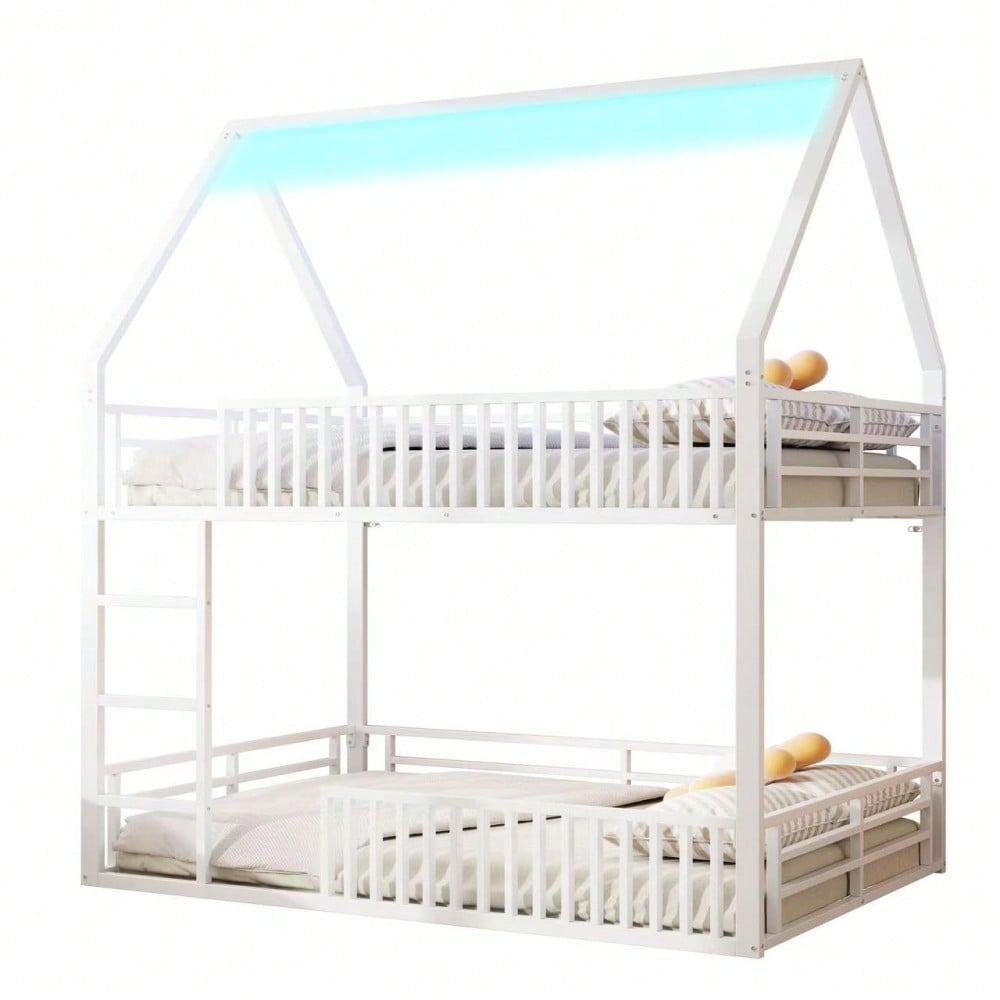 140x200 Haus-Etagenbett mit Zaun und LED-Licht, Weiß