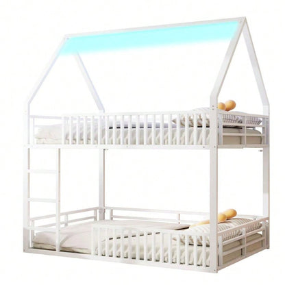 140x200 Haus-Etagenbett mit Zaun und LED-Licht, Weiß