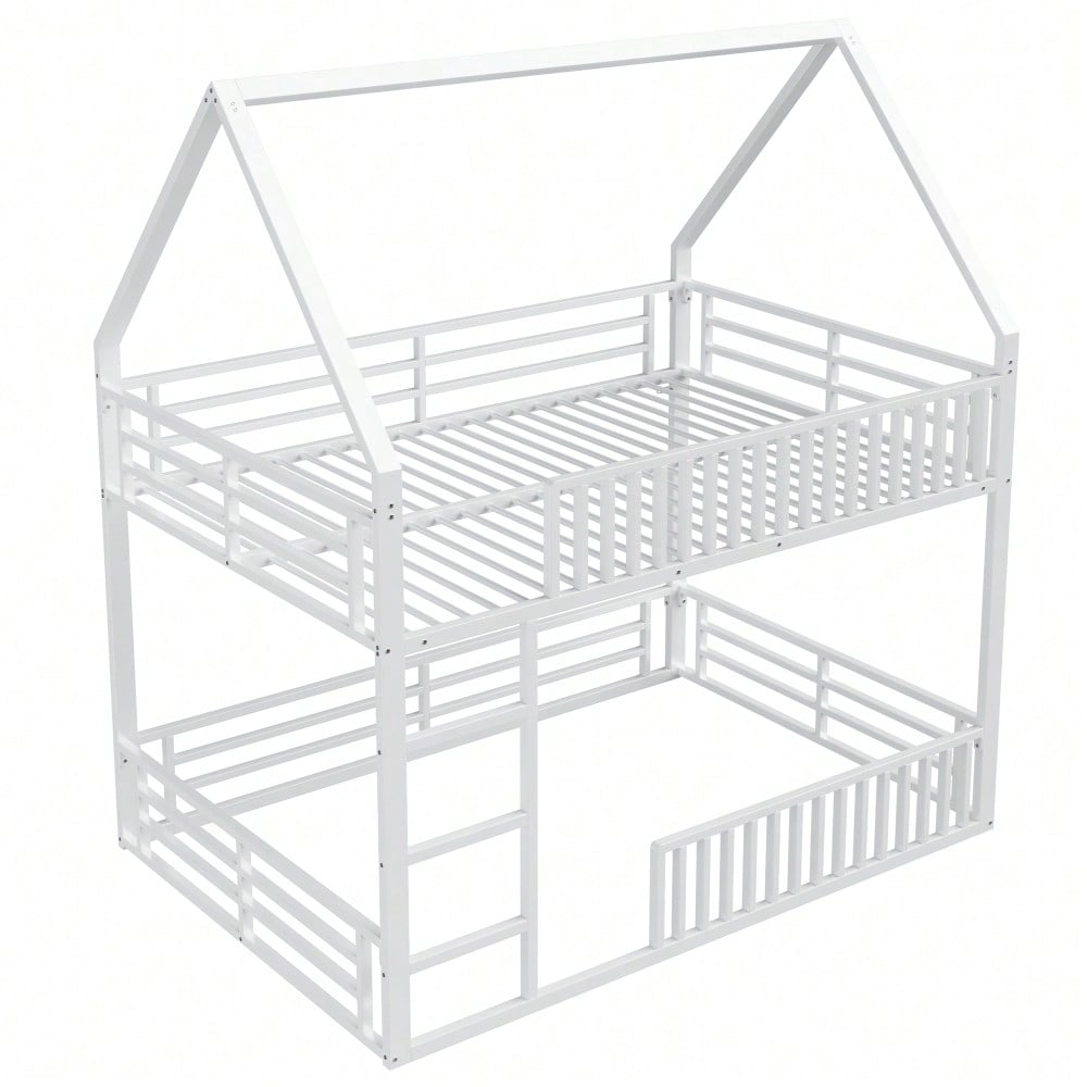 140x200 Haus-Etagenbett mit Zaun und LED-Licht, Weiß