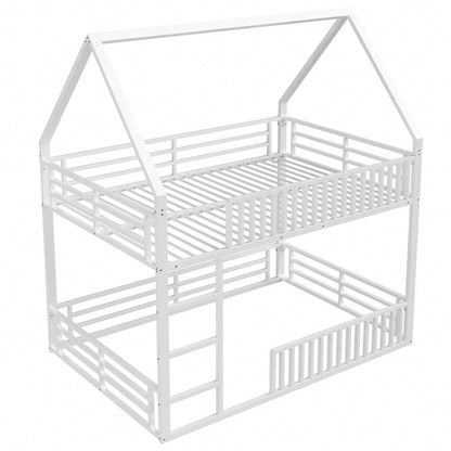 140x200 Haus-Etagenbett mit Zaun und LED-Licht, Weiß